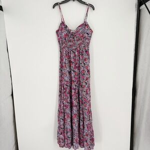 Yumi Kim Maxi Dress Women M Pink Floral Smocked Tiered Spaghetti Strap